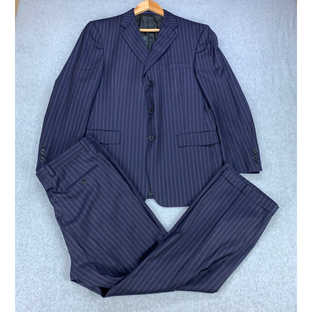 Daniel Cremieux Suit Men 42R Navy Blue Pinstripe Loro Piana Fabric USA Union